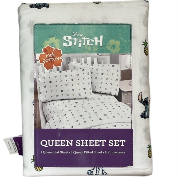 🆕 Disney Lilo And Stitch Queen Sheet Set 100% Cotton White w/Stitch & Pineapples - Picture 1 of 4